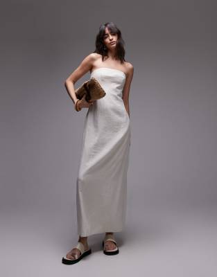 Topshop - Trägerloses Midikleid aus Leinen in Natur-Neutral