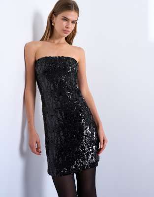 Topshop - Trägerloses Pailletten-Minikleid in Schwarz
