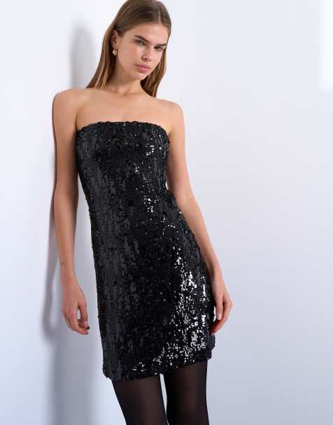 Topshop – Trägerloses Pailletten-Minikleid in Schwarz - view 1