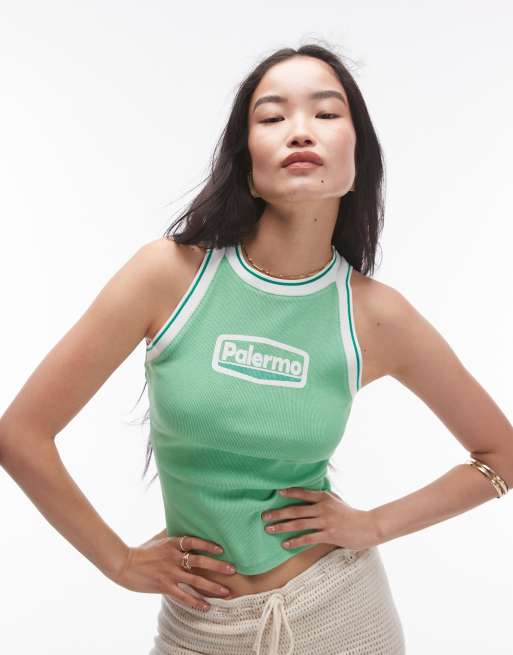 Topshop – Trägertop in Grün mit „Palermo“-Print und Ringerrücken