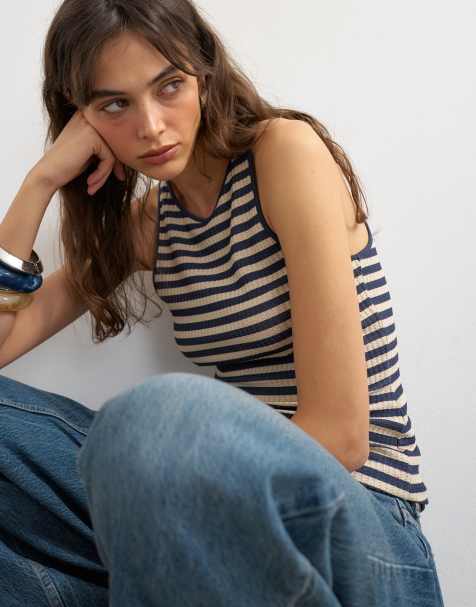 Topshop – Trägertop in Marineblau gestreift mit Waffelstruktur - view 1