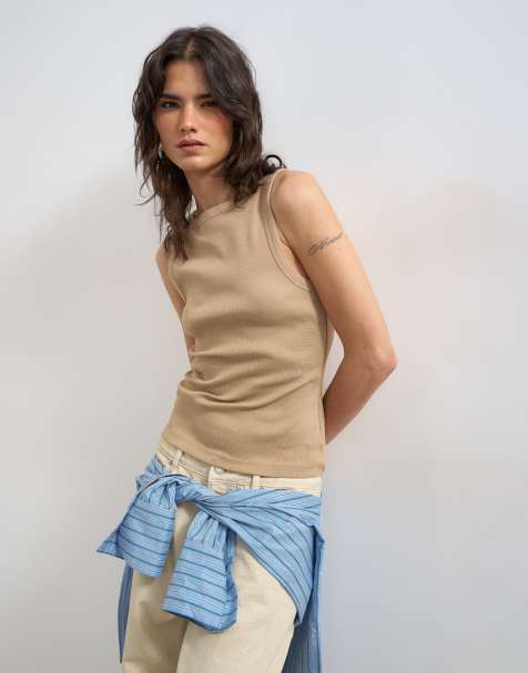 Topshop – Trägertop in Steinbeige mit U-Boot-Ausschnitt und Ringerrücken - view 1