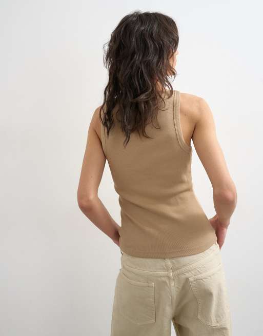 Topshop – Trägertop in Steinbeige mit U-Boot-Ausschnitt und Ringerrücken, 4 von 4