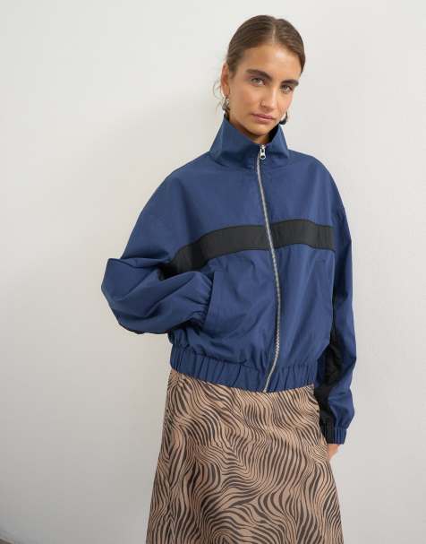 Topshop trainingsjack met contraststreep en opstaande kraag in marineblauw - view 1