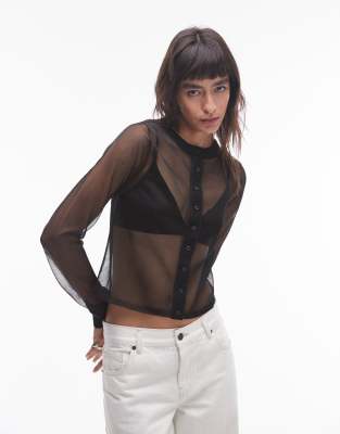 Topshop - Transparente, gestrickte Hemdbluse in Schwarz