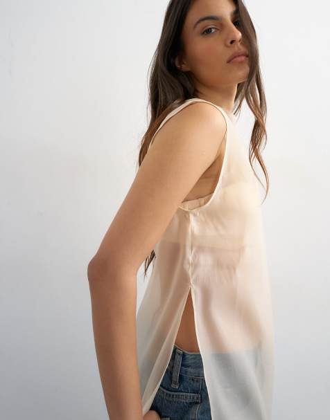 Topshop – Transparente Longline-Tunika aus Organza in der Farbe Auster - view 1