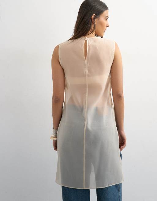 Topshop – Transparente Longline-Tunika aus Organza in der Farbe Auster, 4 von 4