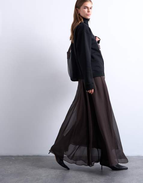 Topshop – Transparenter, langer Tellerrock in Schokobraun - view 1