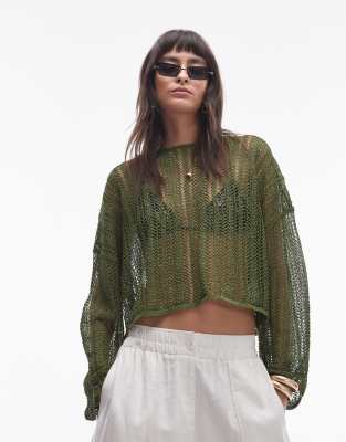 Topshop - Transparenter Strickpullover in Khaki-Grün