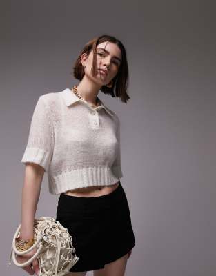 Topshop - Transparentes, gestricktes Polohemd in Elfenbeinweiß