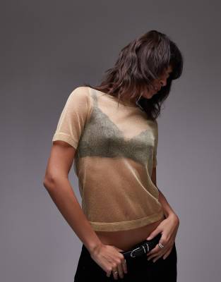 Topshop - Transparentes, knapp geschnittenes T-Shirt in Gold-Goldfarben