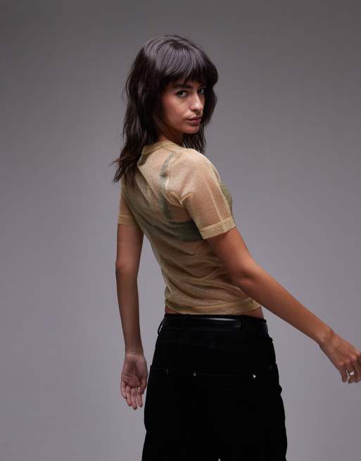Topshop – Transparentes, knapp geschnittenes T-Shirt in Gold, 4 von 4