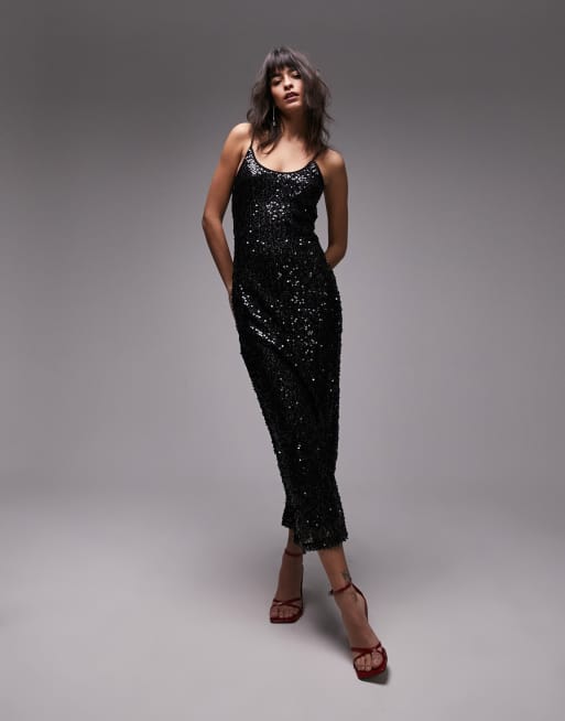 Topshop – Transparentes Midi-Schlupfkleid in Schwarz mit schmalen Trägern und Paillettenbesatz