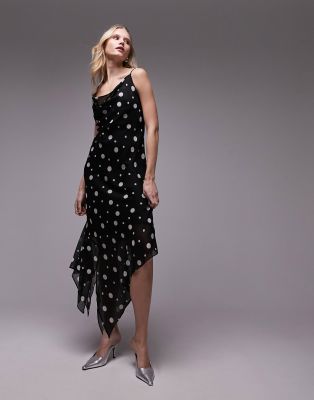 Topshop - Transparentes Midi-Trägerkleid in Schwarz mit weißem Punktemuster-Bunt