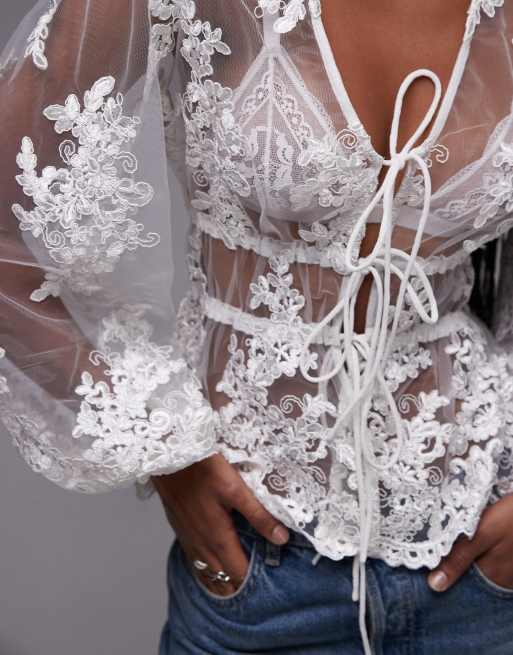 Topshop – Transparentes Oberteil aus Blumenspitze in Elfenbein mit Puffärmeln, 2 von 4
