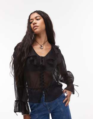 Topshop - Transparentes Oberteil in Schwarz mit Rüschen und gebundener Vorderseite