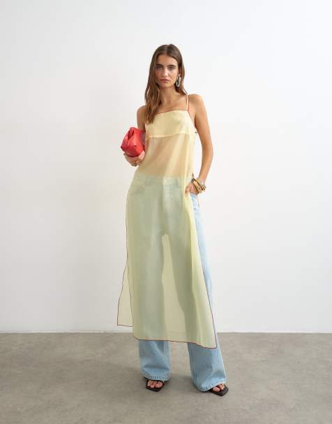 Topshop transparentes Organza-Longline-Cami in Zitronengelb mit roter Einfassung - view 1