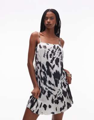 Topshop trapeeze crinkle mini dress in mono animal print-Multi