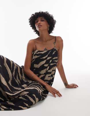 Topshop Trapeze Crinkle Mesh Maxi Dress In Brown