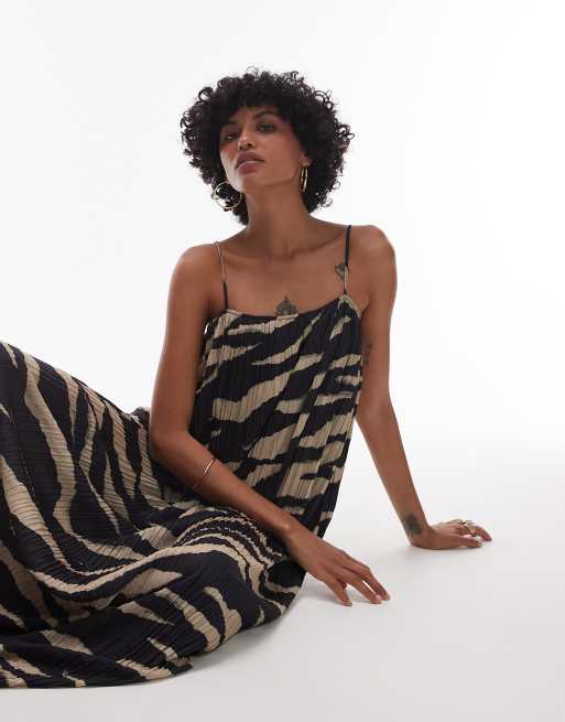 Topshop trapeze crinkle mesh maxi dress in zebra print