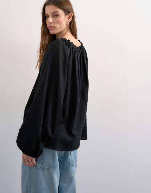 Topshop trapeze linen blend tie front blouse in black, 4 of 4