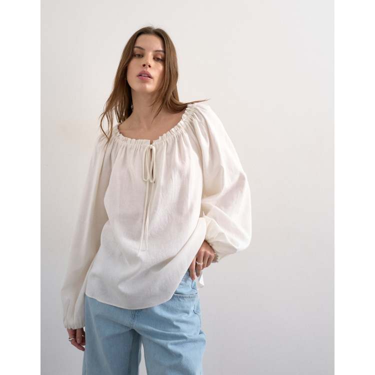 Topshop trapeze linen blend tie front blouse in white | ASOS