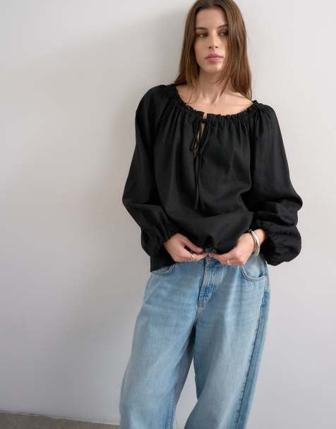 Topshop trapeze linen tie front blouse in black - view 1