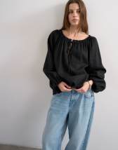 Topshop trapeze linen tie front blouse in black