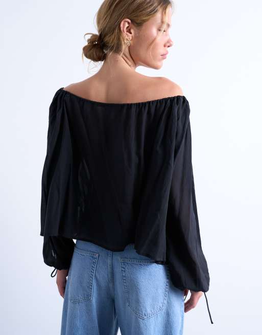 Topshop trapeze long sleeve tie detail blouse in  black, 4 of 4