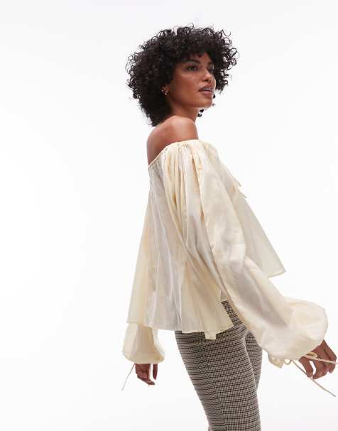 Topshop trapeze long sleeve tie detail blouse in buttermilk - view 1