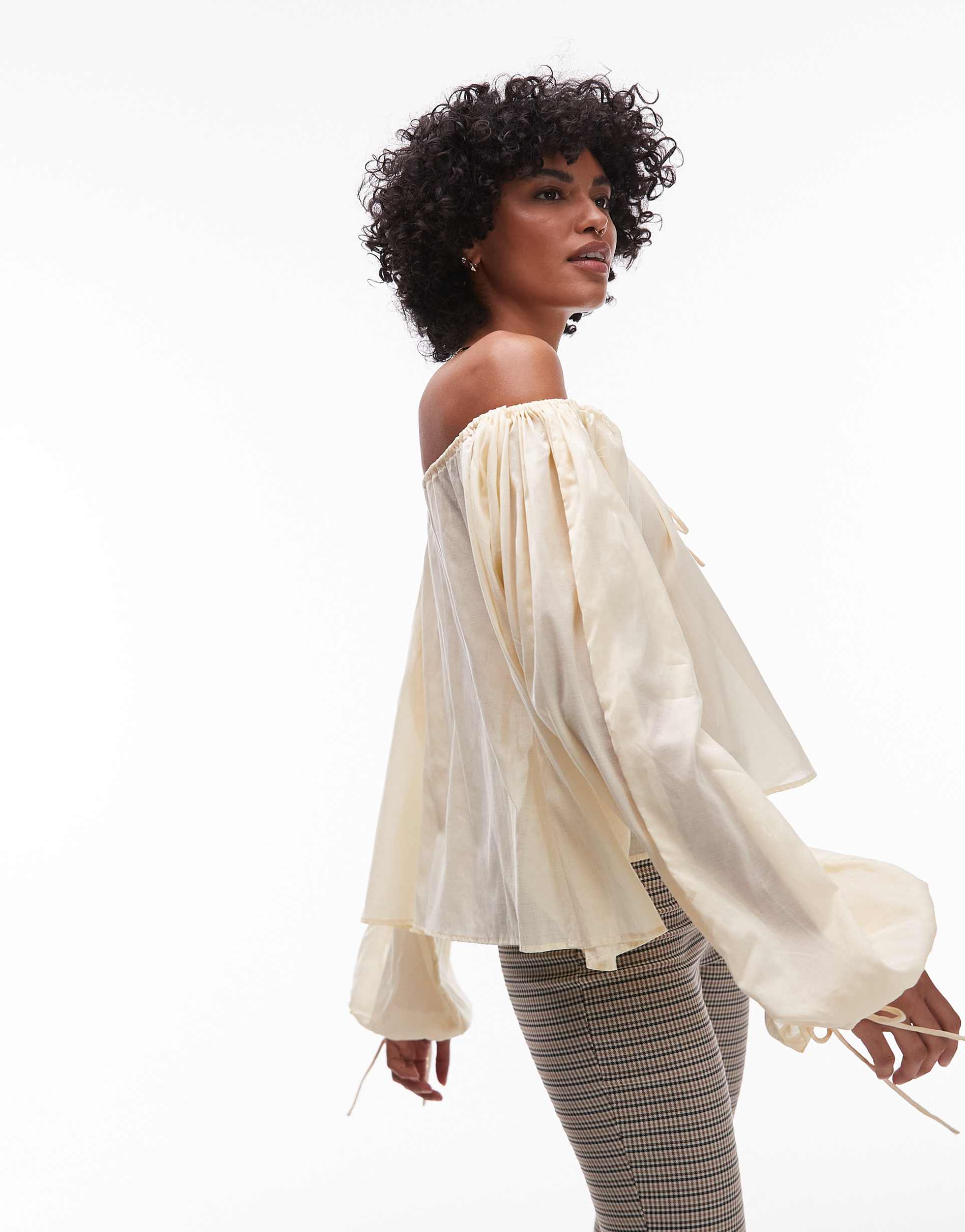 topshop trapeze long sleeve tie detail blouse in buttermilk