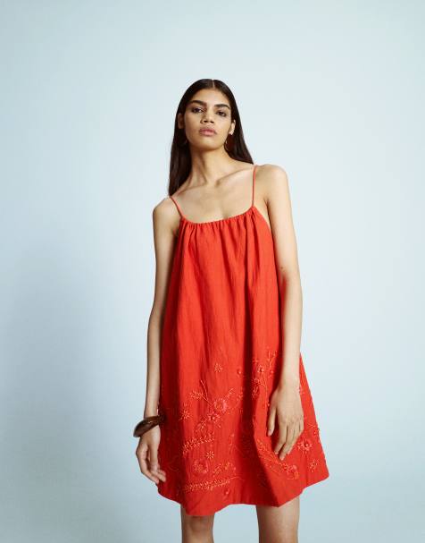Topshop trapeze swing mini dress with raffia embroidery in red - view 1