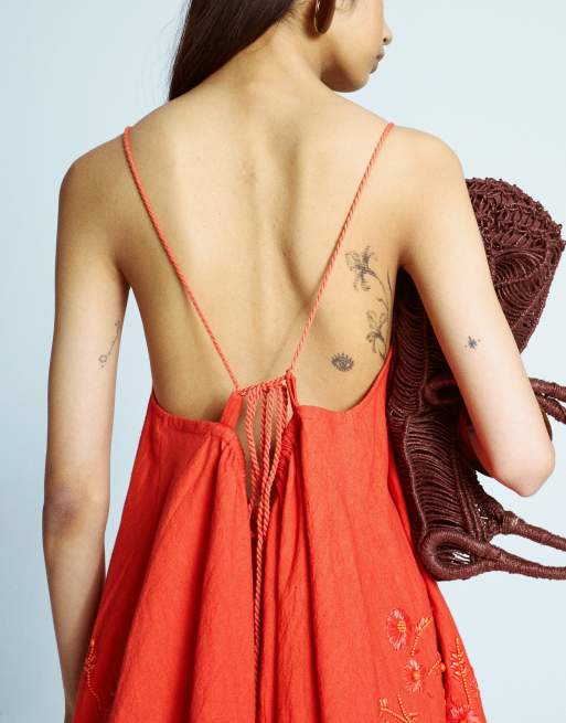 Topshop trapeze swing mini dress with raffia embroidery in red, 2 of 4
