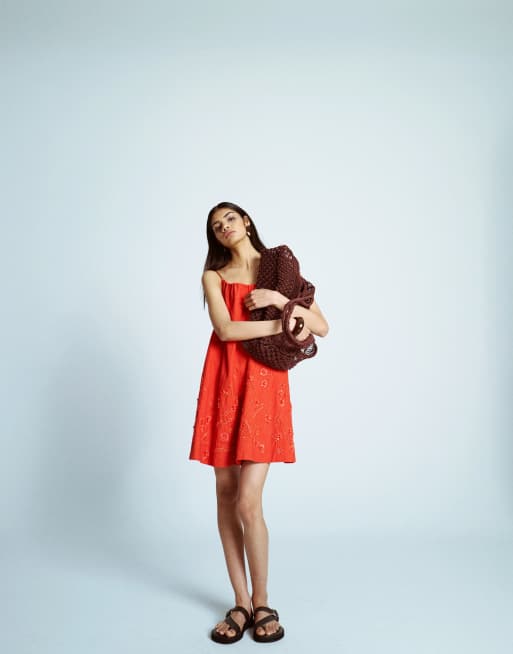 Topshop trapeze swing mini dress with raffia embroidery in red, 3 of 4
