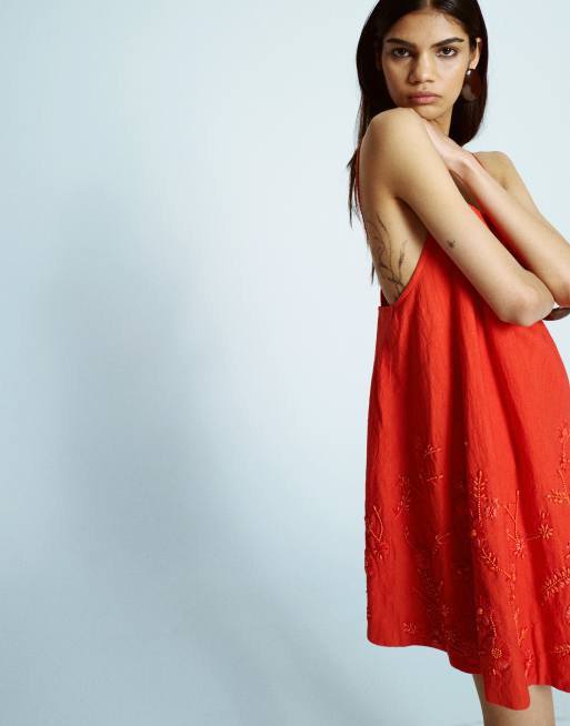 Topshop trapeze swing mini dress with raffia embroidery in red, 4 of 4
