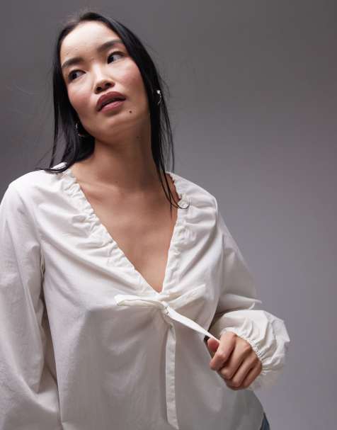 Topshop trapeze tie front top in ivory - view 1
