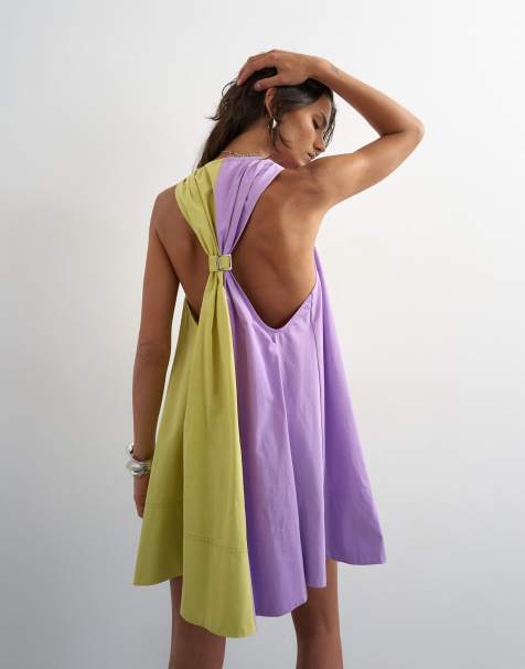Topshop – Trapezförmiges Minikleid aus Popeline mit Farbblockdesign in Flieder und Limettengrün, breitem Saum und Neckholder - view 1