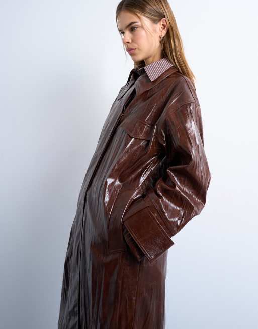 Topshop - Trench-coat en similicuir ultra-brillant - Marron, 3 de 4
