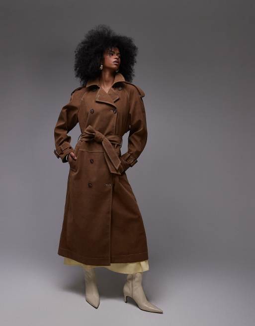 Topshop - Trench-coat long et oversize en daim synthétique avec coutures contrastantes - Marron, 2 de 4