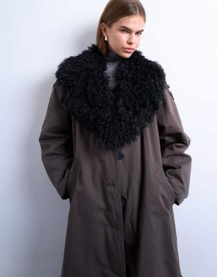 Topshop Trench Coat With Afghan Faux Fur Collar And Cuffs In Brown