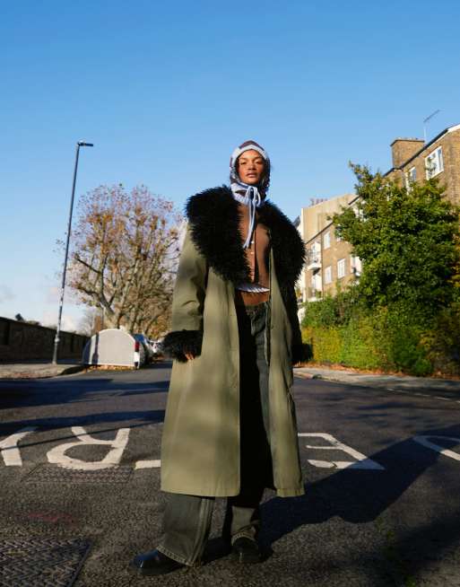 Topshop trench coat with faux fur trim in khaki