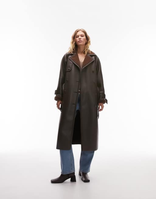 Topshop - Trench color cioccolato in pelle sintetica doppiata con pile borg