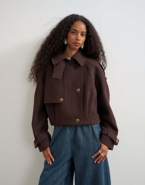 Topshop trench corto in misto lana marrone - view 1