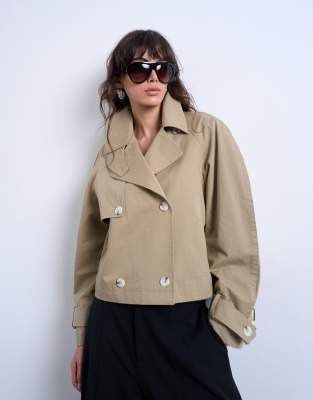 Topshop - Trench court en coton avec manches ovoïdes - Beige-Neutre