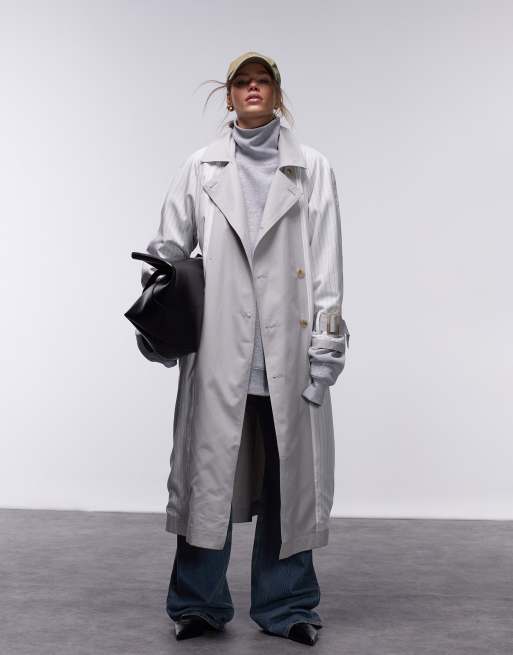 Topshop - Trench double-face color pietra in cotone a righe