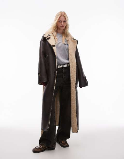 Topshop - Trench oversize in pelle sintetica e montone marrone scuro, 4 di 4