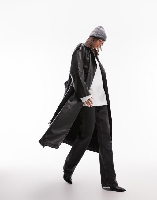 Topshop - Trench taglio lungo grigio slavato in pelle sintetica