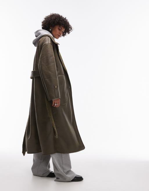 Topshop - Trench verde oliva in pelle sintetica e montone, 2 di 4