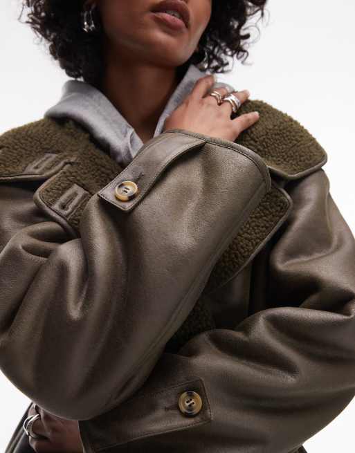 Topshop - Trench verde oliva in pelle sintetica e montone, 3 di 4