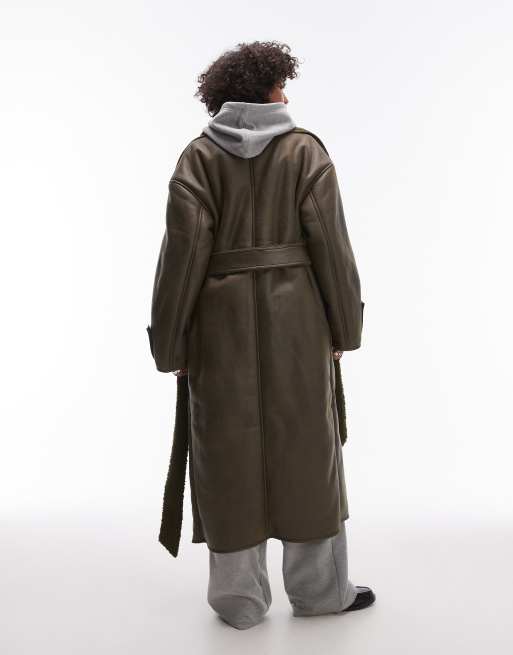 Topshop - Trench verde oliva in pelle sintetica e montone, 4 di 4